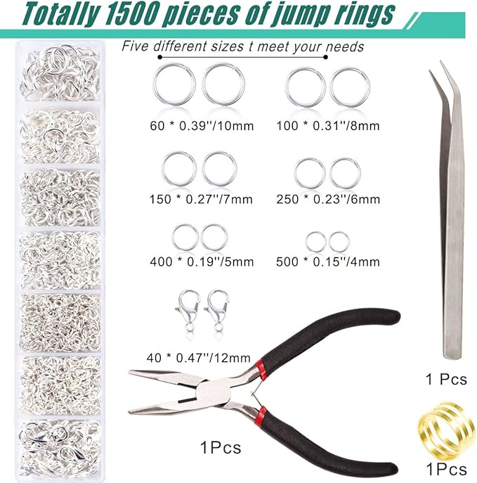 Jump Rings for Jewelry Making Kit, 1500 pcs Jewelry Repair Kit for Necklace Bracelet, Lobster Clasps and Closures Repair Supplies Kit with Pliers Tweezers-Silver