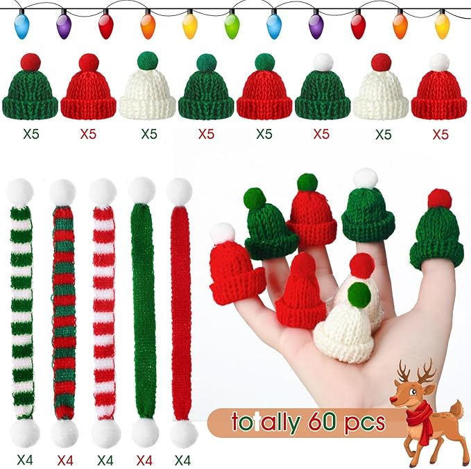60 Pcs Mini Christmas Knit Hat and Scarf Set, Santa Christmas Tree Ornaments, Cup Bottle Xmas Doll Crafts for DIY Craft Art Decoration (Bright Color)