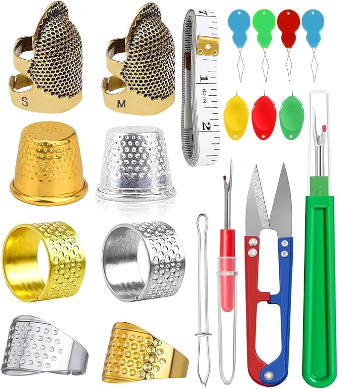 CousDUoBe 20 Pcs Sewing Thimble Kit,thimbles for Hand Sewing，Needle threaders，Seam Rippers for Sewing，Measuring Tape and Thread Snips, Hand Embroidery Craft（Complete Sewing Kit）