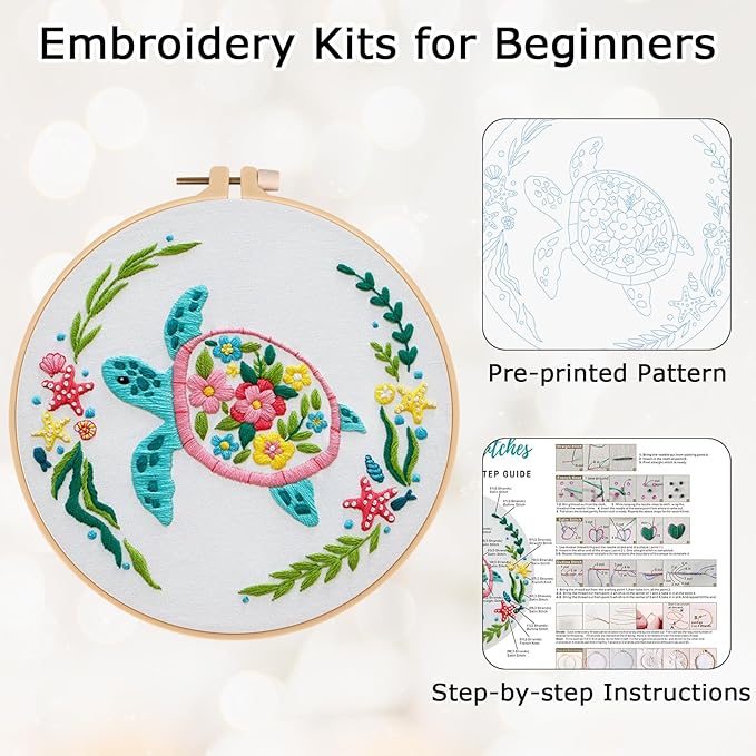 Louise Maelys Sea Turtles Embroidery Kits for Beginners, DIY Cross Stitch Starter Craft Kit for Adults Including Cloth with Pattern, Hoop, Needles Instruction and Threads