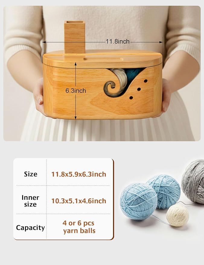 Oval Yarn Bowl Set with Lid, Crochet Yarn Holder with 9pcs Knitting Hooks, Large Wooden Yarn Storage with Phone Stand & Crochet Accessories, Double Curling Slot, Ideal Gift for Crochet Lovers