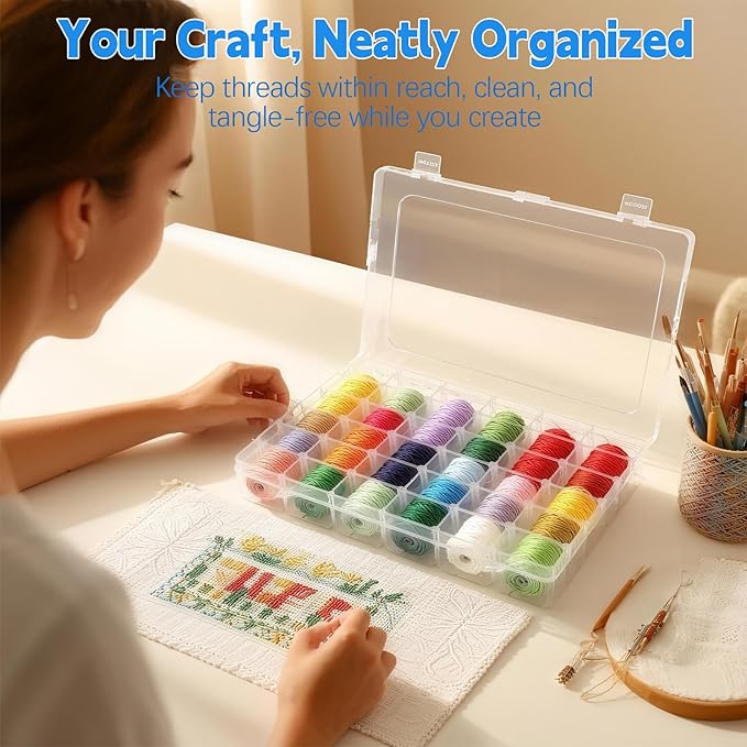 Embroidery Floss Organizer Compatible with DMC - Embroidery Thread Organizer Box, Snap-Tight Clear Cross Stitch Thread Storage Box, Removable 36 Compartments, for Small Sewing Supplies Storage