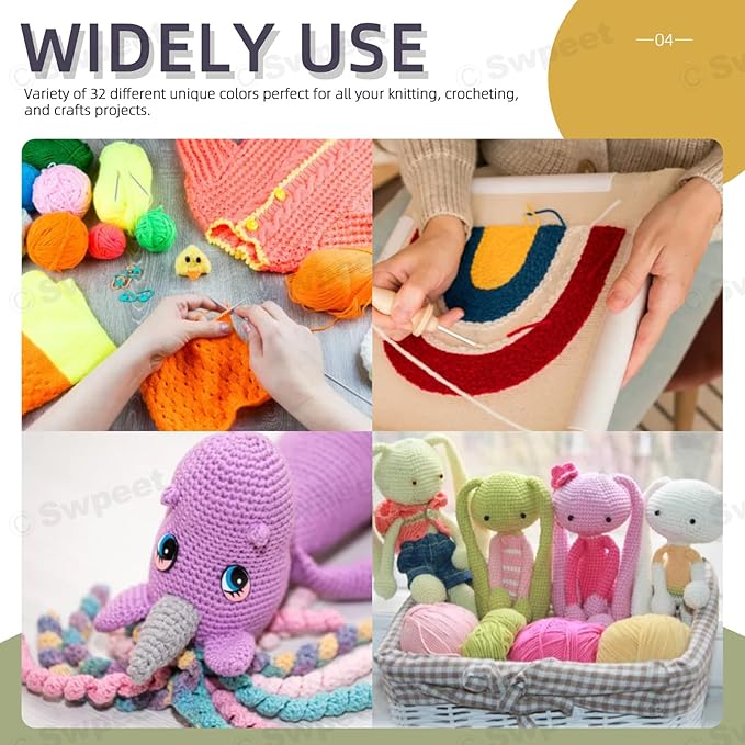 Swpeet 51Pcs Crochet Yarn Kit, Including 32Pcs Multicolor Acrylic Yarn Skeins, 10Pcs Stitch Markers, 6Pcs Plastic Knitting Needle, 2Pcs Crochet Hooks and 1Pcs Bag for Crocheting and Knitting