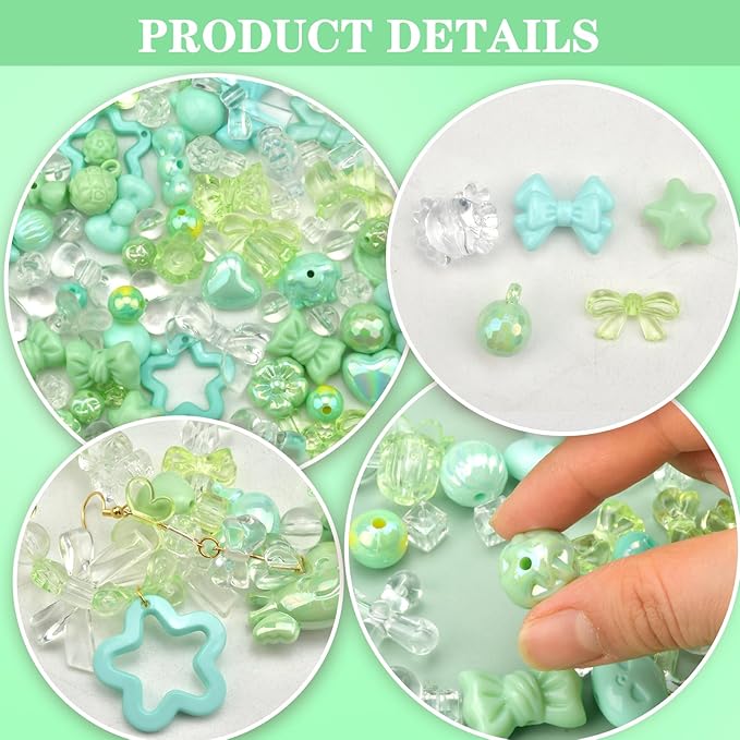 ABONDEVER 245-300Pcs Assorted Acrylic Beads for Bracelets Making Cute Star Bow Flower Candy Heart Gummy Bear Butterfly Beads for DIY Jewelry Crafts Keychain Necklace Phone Charms(Green)