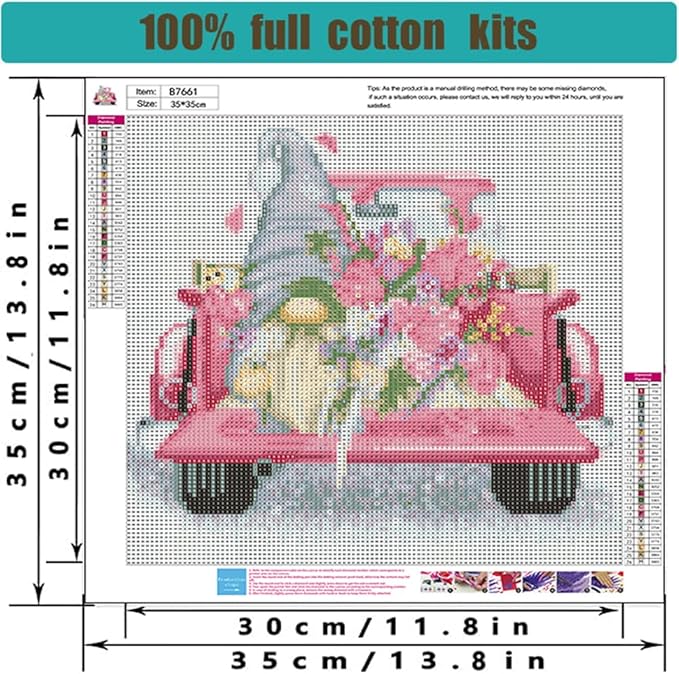 Tiwabb Stamped Cross Stitch Kits,Gnome Truck Flower Cross Stitch Kits for Adults Beginners,Full Range of Cross-Stitch Stamped Kits Needlecrafts for Home Wall Decor Cross Stitch Patterns 13.8x13.8inch