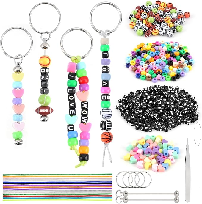 wobiogho 675 pcs diy keychain making kit with letter beads & heart beads, personalized beaded key rings and accessories for bracelets, necklaces, backpacks & gifts