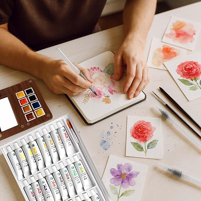 Mini Watercolor Paint Set - 3.7IN Mini Travel Watercolor Palette Set, Pocket Water Color Paint Palette Kit with 24 Colours, Sketchbook, Pens, Wooden Paints Box for Painters Artists
