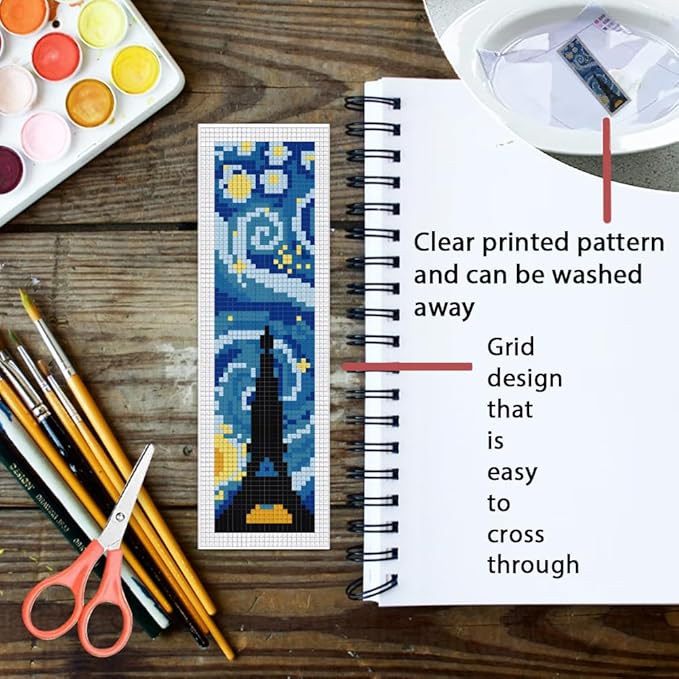 ORIGACH 6 Set Starry Night and Black Cat Cross Stitch Bookmark Kit for Beginner with Backing Felt Floss Instructions DIY Stamped Embroidery Bookmark Kit for Adults, Book Lovers