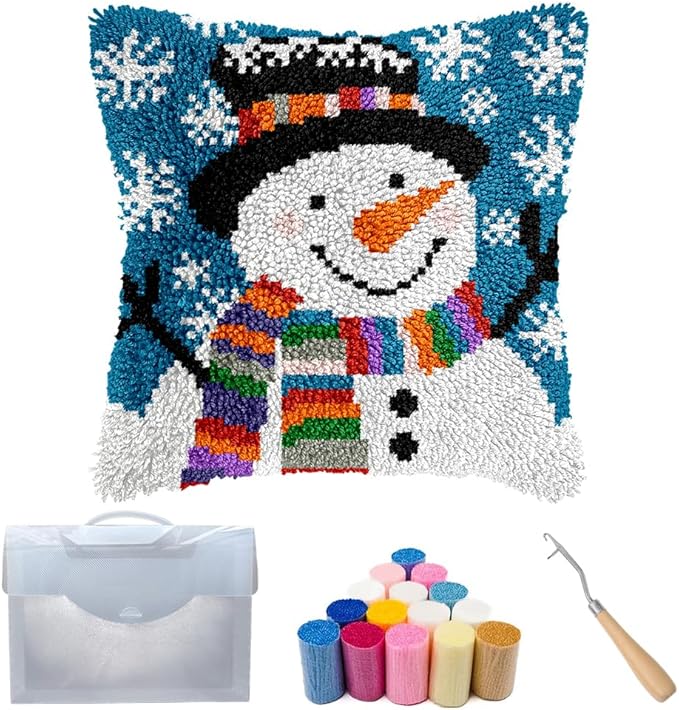 Cozykeke Snowman Latch Hook Kit,DIY Pillow Cover Cushion Craft Kits with Pre-Printed Canvas for Adults and Beginners, Suitable for Home Decor and Festival Gift 17 * 17in (BX52)