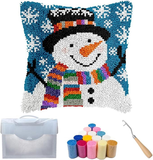 Cozykeke Snowman Latch Hook Kit,DIY Pillow Cover Cushion Craft Kits with Pre-Printed Canvas for Adults and Beginners, Suitable for Home Decor and Festival Gift 17 * 17in (BX52)