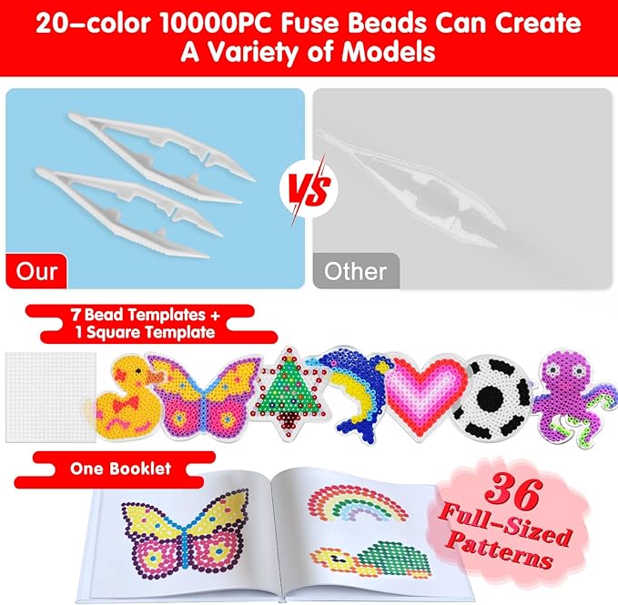 Fuse Beads Kit for Kids: 10000PC Melty Beads Set, 5MM Iron Melting Beads Craft Kit with 8 Pegboards,5 Ironing Paper and Accessories, Arts and Crafts Set Toys Gifts for Boys Girls Christmas Birthday
