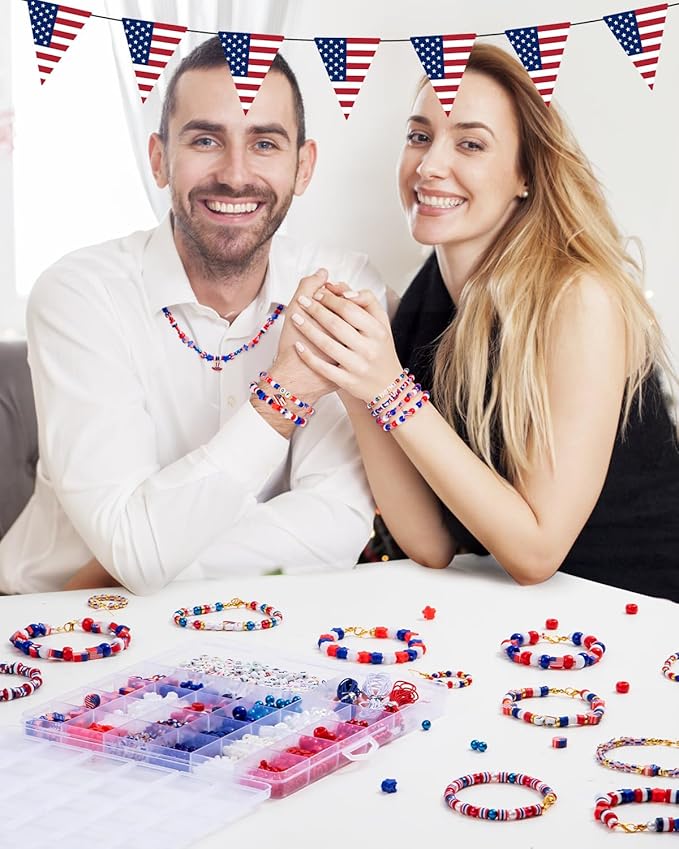 Goldwise 1578Pcs 4th of July Red White Blue Beads Bracelet Making Kit with Clay Seed Plastic Pony Pearl Beads, Patriotic USA Flag Star Beads, Metal Charms Earrings for Jewelry Making