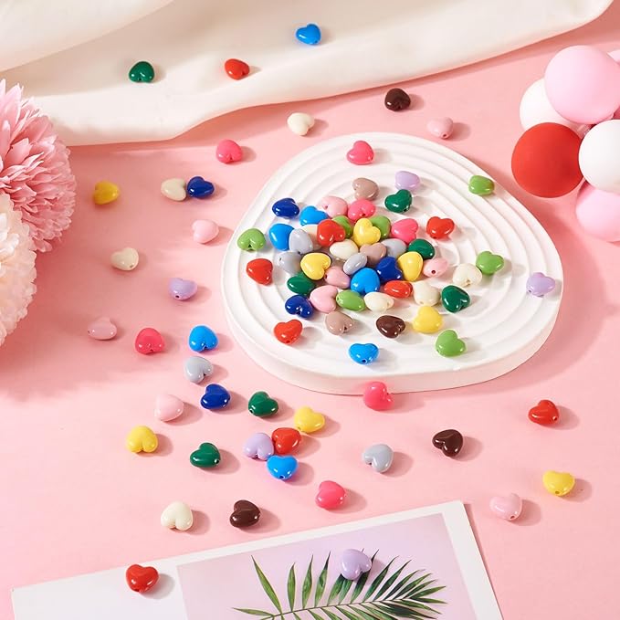 FASHEWELRY 130Pcs Macaron Colors Acrylic Heart Beads Candy Color Love Heart Beads Cute Sweet Pony Bead Bulk for Valentine Day Bracelet Necklace Jewelry Making
