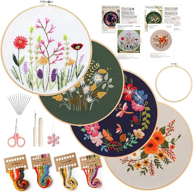 4 pack embroidery kit for beginners adults diy starter kit, cross stitch kits with flower stamped patterns, embroidery hoop, tools,colorful threads,step by step instructions,hand craft lover gift
