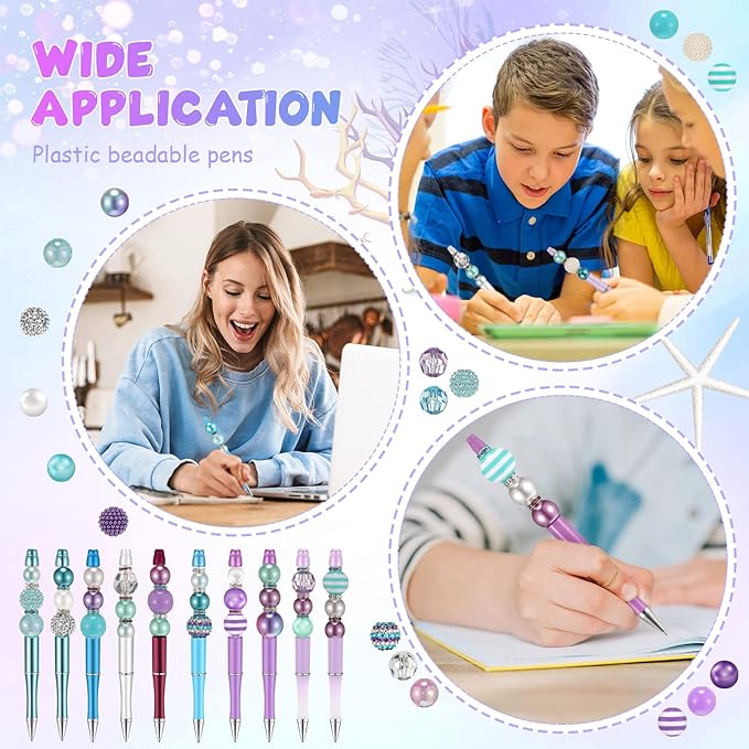 Geyee 15 Pcs Plastic Beadable Pens Assorted Bead Pens Multicolor Bubblegum Crystal Spacer Beads, Black Ink Ballpoint DIY Set, Back to School Gift for Student Summer Ocean Party Gifts(Ocean Color)