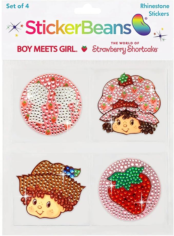 stickerbeans® rhinestone stickers boy meets girl® x strawberry shortcake® 4-pack, 2” x 2” sparkly cut-to-shape adhesive for collecting, trading, scrapbooking, laptops, phone cases for kids & teens