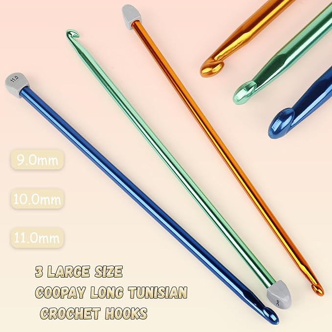 Coopay Tunisian Crochet Hook Set - 9mm 10mm 11mm Large Hooks, 3PCS Extra Long 13.8in Metal Afghan Crochet Needles for Crocheting, Great for Beginners