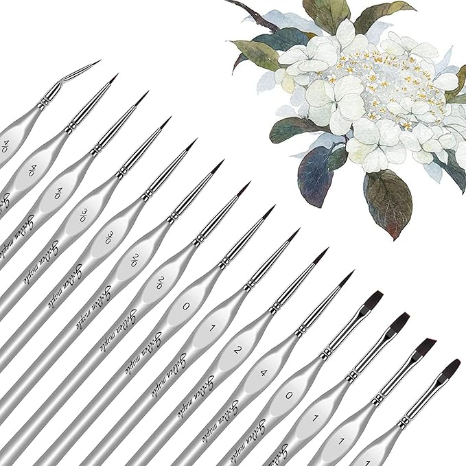 Golden Maple Miniature Paint Brushes, 15PC Model Brushes Micro Detail Paint Brush Set, Fine Detailing for Acrylics, Oils, Watercolors & Paint by Number, Figurine (Silver)