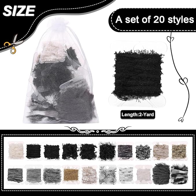 20 Pcs of 2-Yard Original Art Yarns - for DIY Art Yarns for Jewelry Making, Junk Magazines, Knitting, Crafts, Textile Decorative, Tassels, Vintage Yarn Card Making (Black and White)