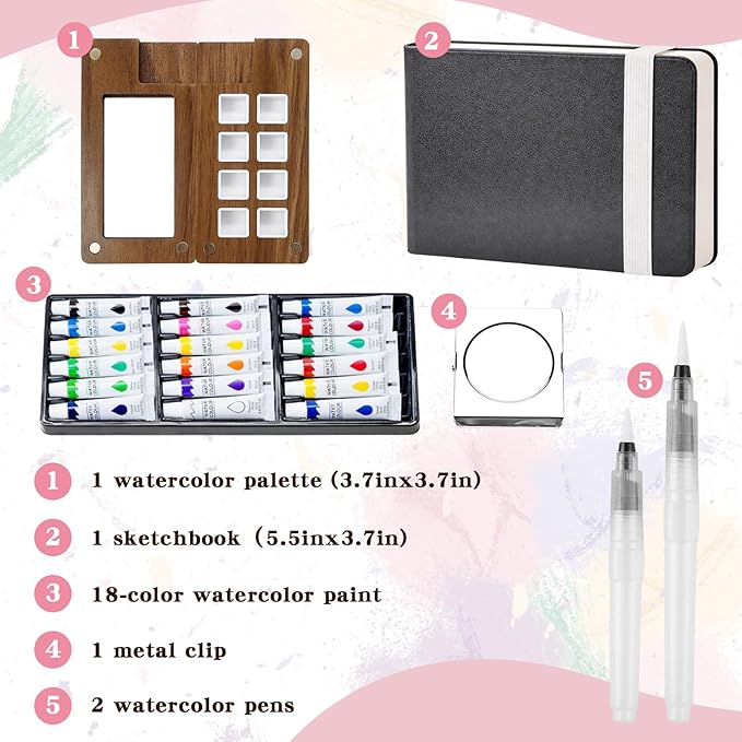 Mini Watercolor Travel Paint Set - 3.7in Mini Watercolor Palette Kit, Pocket Water Color Palette Kit with 18 Colours Paint, Sketchbook, Pens, Wooden Paint Box for Painters Artists Students
