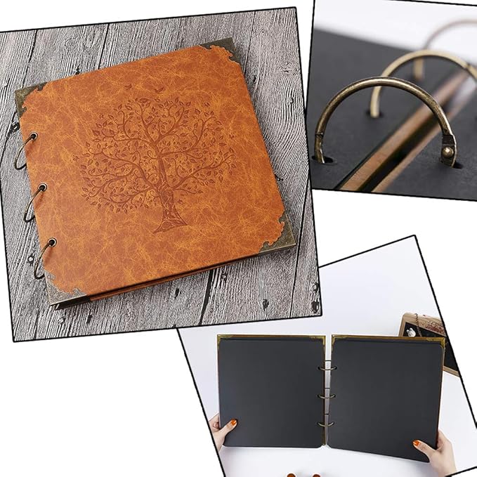 Photo Album DIY Scrapbook 10x10 inch 50 Pages Double Sided, Vintage Leather Cover Three-Ring Binder Picture Booth + 408pcs Self Adhesive Photos Corners for Memory Keep (Family Tree Brown Sugar)