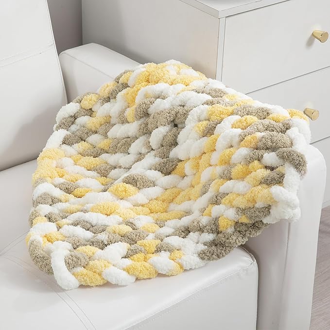HOMBYS Chunky Tie Dye Mix Chenille Yarn for Hand Knitting, Super Bulky Jumbo Yarn for Crocheting, 3/4" Thick Soft Plush Yarn for Blankets, 8 Skein Pack (26 yds / 7.5 oz Each) White Yellow Brown
