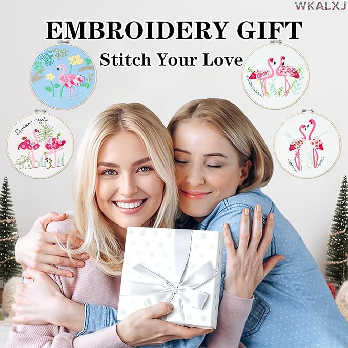 WKALXJ 4 Sets Embroidery Kits for Beginners to Advanced, Cross Stitch Kits Needlepoint Kits Crafts for Adults, Needle Point Kits with Flamingo Plant Pattern(Advanced Flamingo)