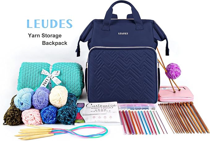 Leudes Knitting Bag Backpack,Yarn Storage Organizer Large Crochet Bag Tote Christmas Gift Yarn Holder Case for Carrying Projects,Knitting Needles (Navy Blue)