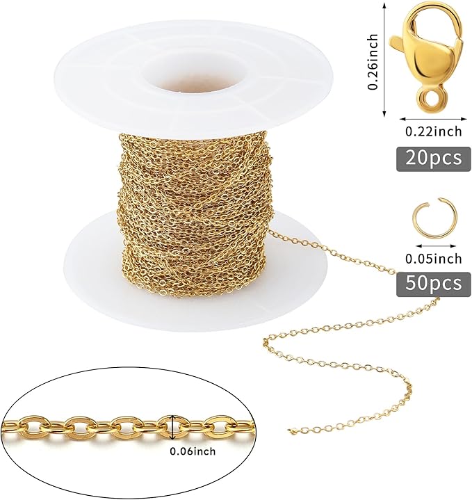 Topacket 33Feet 18K Gold Stainless Steel Necklace Chains Cable Link Chains for Jewelry Making DIY Craft Kit with Lobster Clasps Jump Rings
