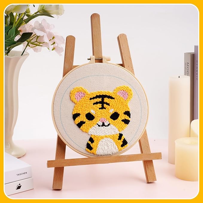Pllieay 4 Sets Punch Needle Kits, Punch Needle Embroidery Kits for Beginner with Animal Pattern, Punch Needle Tool Including Pre-Printed Cloth, Punch Needle, Hoops and Yarns