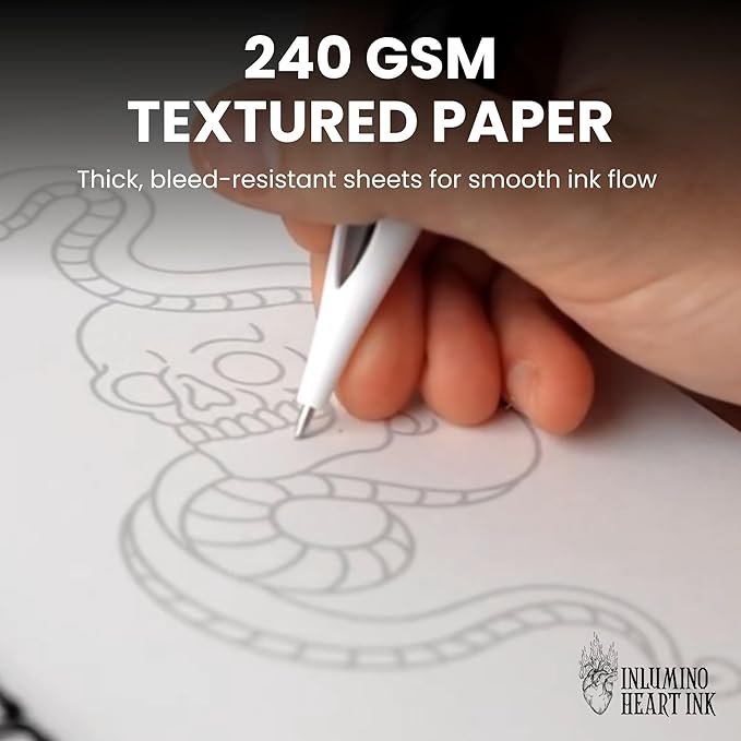 Inlumino Heart Ink Tattoo Practice Coloring Book: American Traditional – Spiral Bound Art Book with 40 Designs on 240 GSM Textured Pages – Use with Ballpoint Cartridges & Rotary Machines