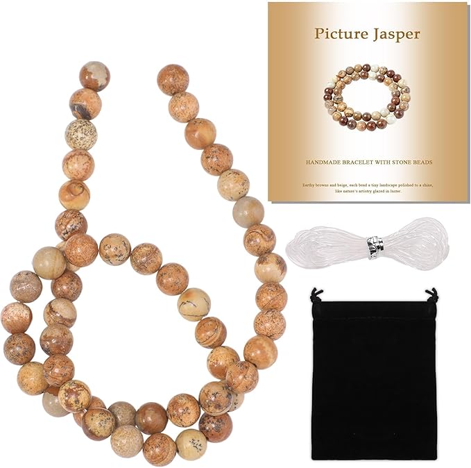 Stone Beads, 45pcs Matte Picture Jasper, 8mm Round Loose Beads for Jewelry Making, Bracelets, with Bag, String & Card