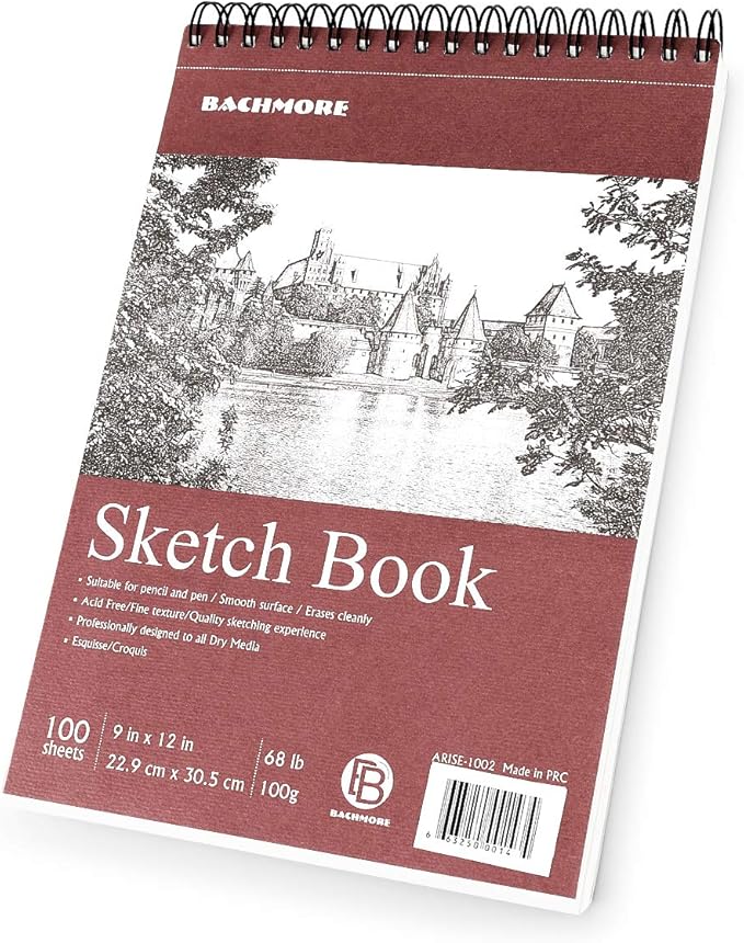 bachmore sketchpad 9x12 inch (68lb/100g), 100 sheets of top spiral bound sketch book for artist pro & amateurs | marker art, colored pencil, charcoal for sketching