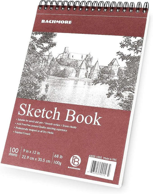 bachmore sketchpad 9x12 inch (68lb/100g), 100 sheets of top spiral bound sketch book for artist pro & amateurs | marker art, colored pencil, charcoal for sketching