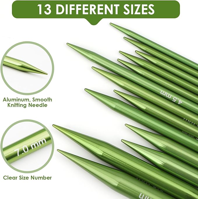 Interchangeable Circular Knitting Needles Set Premium Aluminum Knitting Kit 13 Pairs of 4 Inch with 4 Cables, Accessories and Storage Bag Green