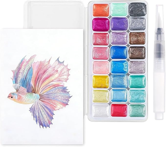 Mini Metallic Watercolor Paint Set, 24 Colors Glitter Watercolor Paint with Watercolor Paper Brush, Artists' Collectible Editions Gifts for Beginner Artists Adults Aged 14+ Mothers Day Gifts for Mom