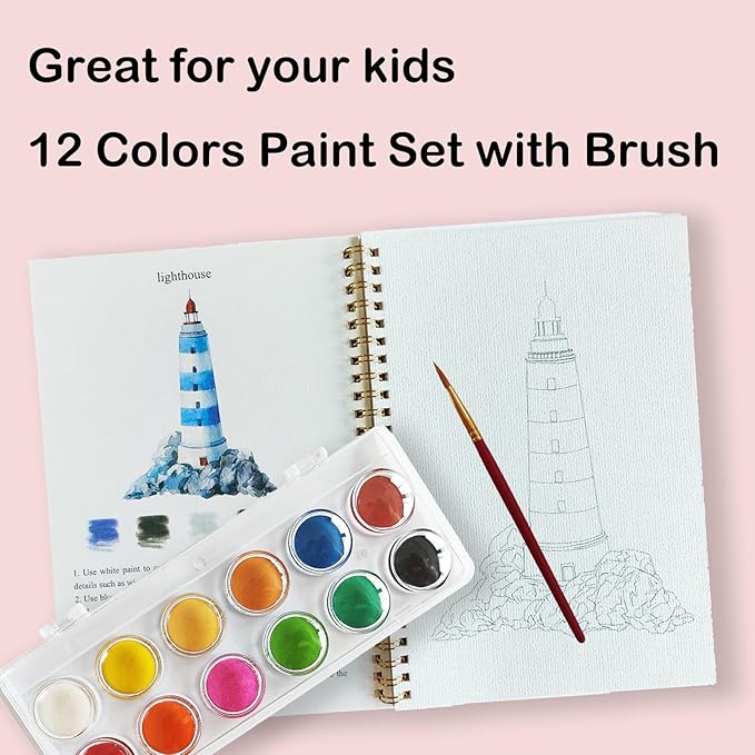 Watercolor Workbooks, Coloring Book Beginner Painting Kit, Arts Crafts Supplies Gift for Watercolor Enthusiasts, 12 Colors Paint Set with Brush