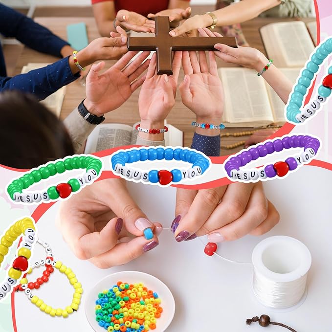 Ferreve 35 Sets Easter Rainbow Religious Bead Wristband Craft Kit Jesus Love You Faith DIY Bead Craft Kit Love Letter Charms for Vbs Week Sunday School Christian Bible Verse Gifts Making