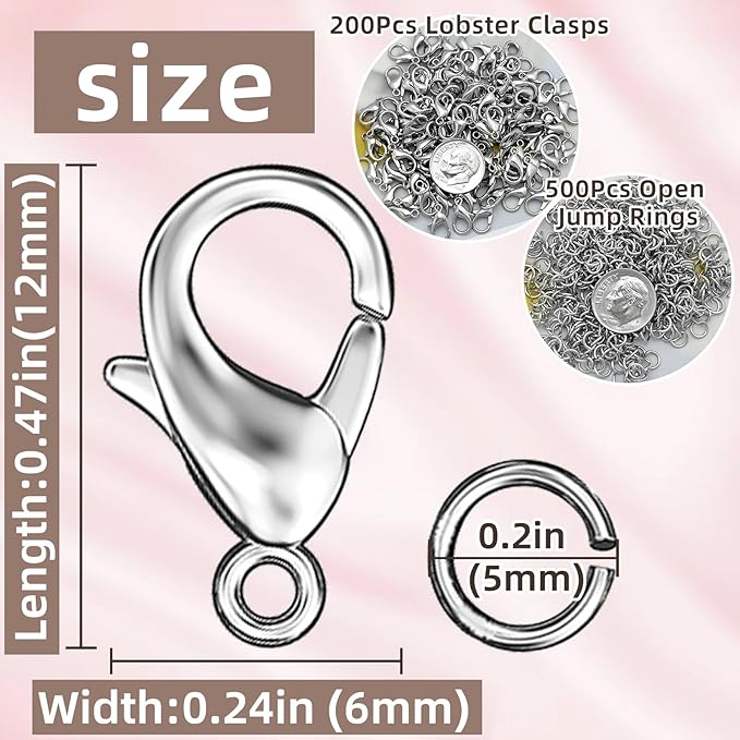 700Pcs Lobster Claw Clasps and Open Jump Rings Set, 12MM Necklace Clasp and Closures for DIY Jewelry Making Supplies