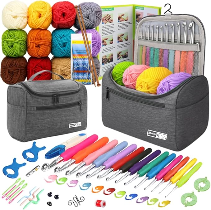 yarniss crochet kit for beginners - 840 yards crochet yarn and 14 sizes (2.0-10.0mm) ergonomic hooks with organizer bag, all inclusive crocheting & knitting set for adults
