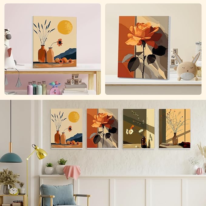 4 Pack Paint by Numbers Kit for Kids Beginner with Wooden Frame, Flowers in A Vase, Paint by Numbers Kit for Adults, Window Sill Sunlight Flower, DIY Painting Kits for Home Wall Decor 8x10 inch