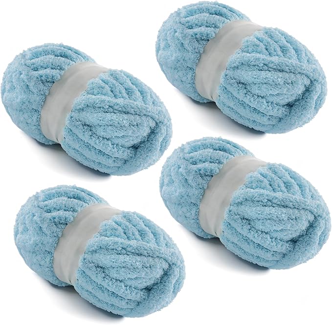 4 Pack Chunky Yarn for Hand Knitting - Chunky Chenille Blanket Yarn for Crocheting - Jumbo Fluffy Yarn for Crochet - Super Bulky Yarn 25 yds 7.7 oz Each Skein (Lake Blue)
