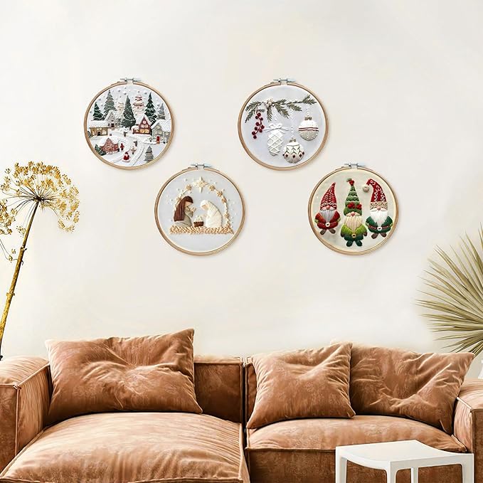 LB Christmas Embroidery Kit for Beginners: 4-Piece Cross Stitch Set with Green Plant, White Snowflake & Gnomes | Adults DIY Starter Kit Includes Hoop, Threads and Tools