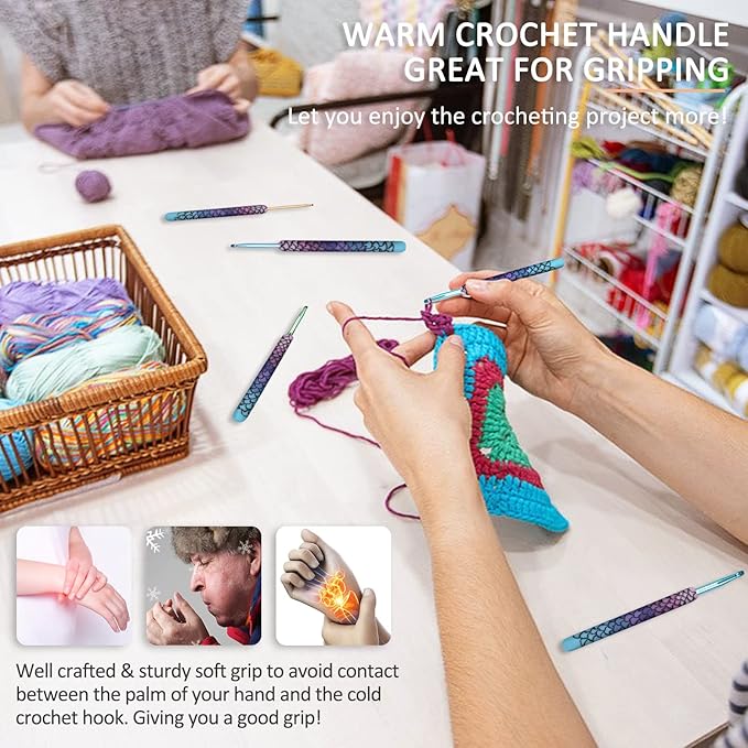 Coopay Warm Crochet Hooks, 9 Sizes 2.25 to 6.5mm Ergonomic Mermaid Extra Long Crochet Needles for Arthritic Crocheting Yarn Craft Set, Ideal Gift