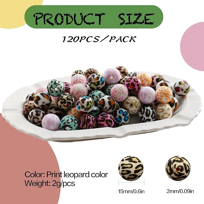 120pcs 15mm Bulk Silicone Beads for Pens, Keychains, Necklaces and Bracelets - Assorted Rubber Beads Set (Print Leopard)