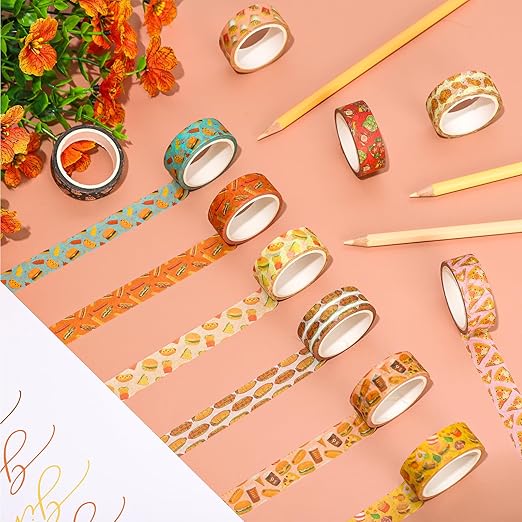 12 Rolls Cute Food Washi Tape Cartoon Yummy Fast Food Masking Tape Set Decorative Wrapping Paper Tapes for Scrapbook Journal DIY Art Crafts