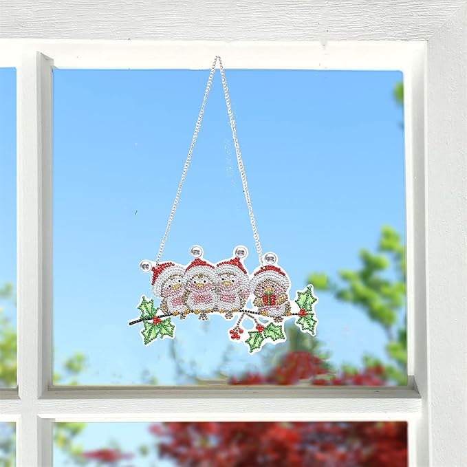 YEESAM ART DIY 5D Rhinestone Painting Christmas Decorations Hanging Kit, Little Birds 22x15cm Rhinestone Art for Wall Door Window Decorations Hanging Mosaic Crafts Ornaments