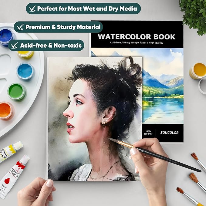 soucolor watercolor paper pad, 9"x12" water color paper, 140lb/300gsm 40 sheets artist painting drawing paper book, art supplies for adults, watercolor paint set, sketchbook, journal, notebook