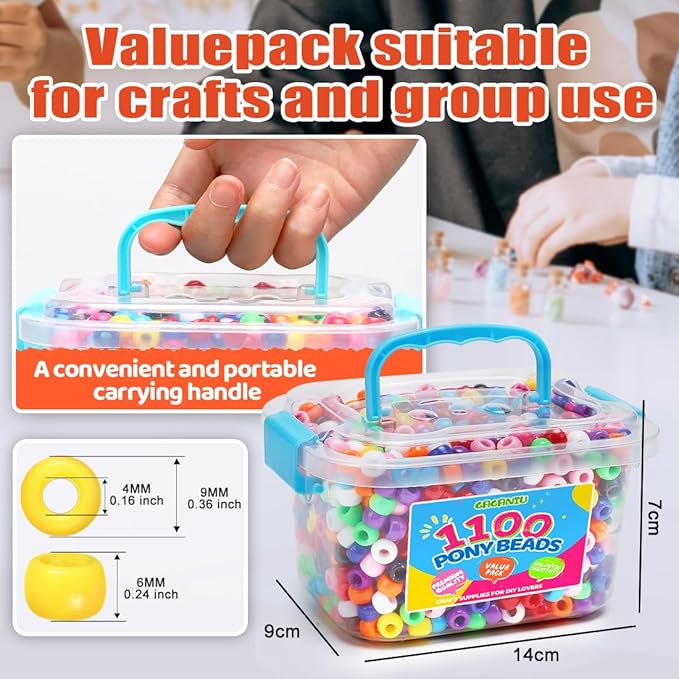 gaganiu pony beads 1100+ pcs – multicolor plastic kandi friendship beads in jar for bracelets, hair braids, jewelry making & diy crafts