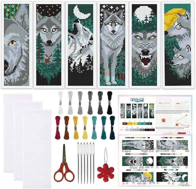 ORIGACH 6 Set Wolf & Forest Cross Stitch Bookmark Kit for Beginner with Backing Felt Floss Instructions DIY Stamped Embroidery Bookmark Kit for Adults, Book Lovers